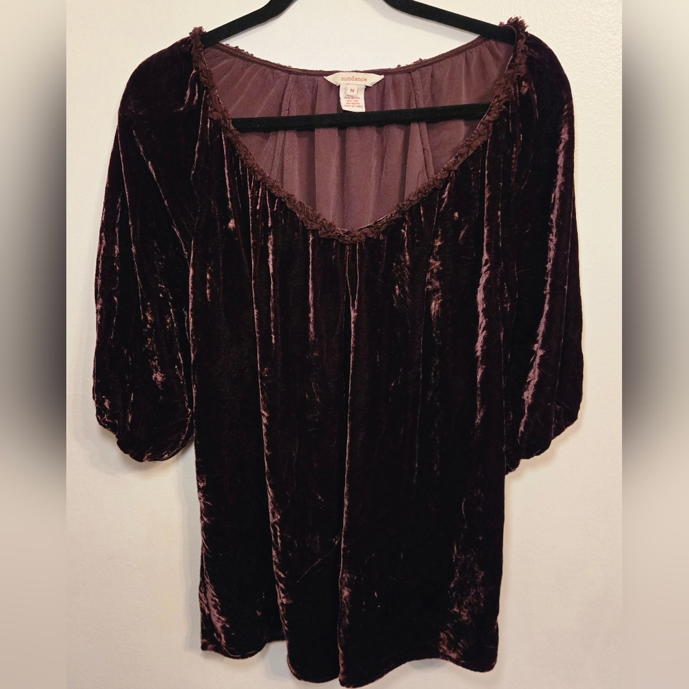 Sundance Brown Velvet Silk Rayon Peasant Blouse Short Balloon Sleeves Medium